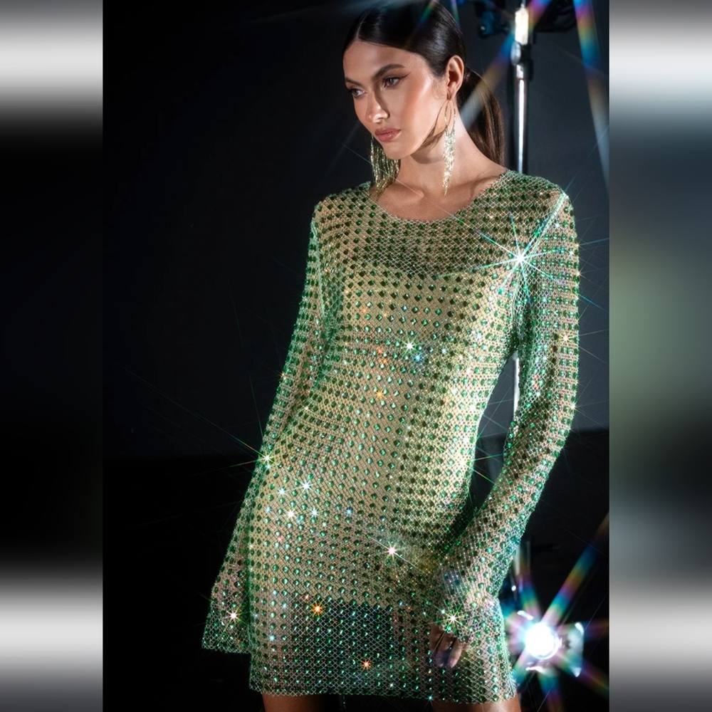 AKIRA Green Bodycon Dress Long Sleeve V-neck